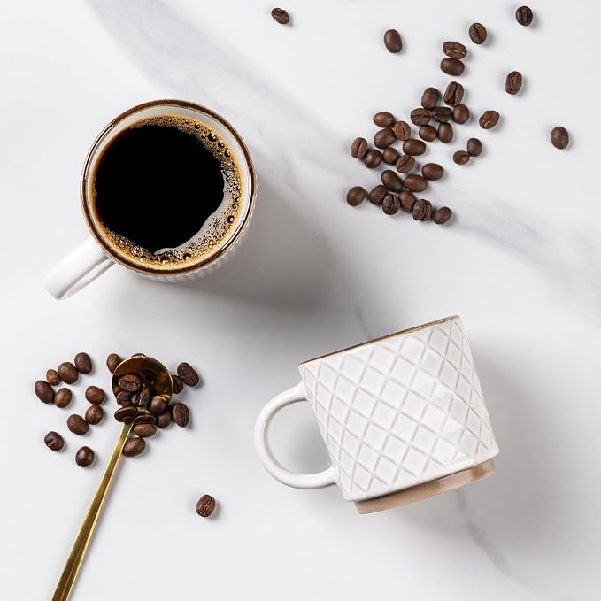 GBhome 6 OZ Stackable Coffee Mugs Set of 4, Ceramic Coffee Cups Set | 4 Assorted Designs, Embossed Mugs with Texture Patterns for Espresso/Tea, Dishwasher&Microwave Safe, Off White - Image 3