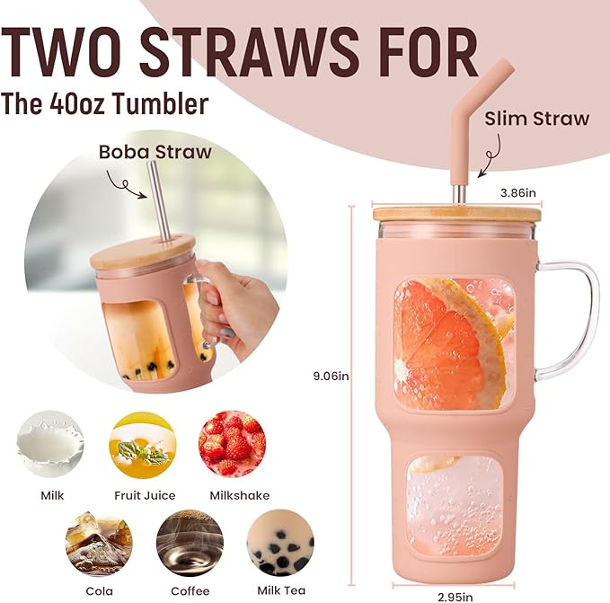 COMOOO 40oz Glass Tumbler with Handle, Bamboo Lid, Straw, Silicone Sleeve, Dishwasher Safe, Cup Holder Friendly, Amber