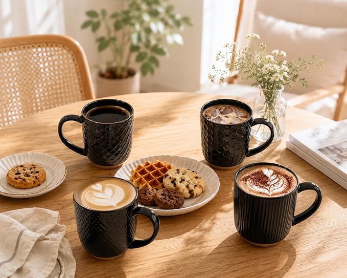 GBhome Large Coffee Mugs Set of 4, 16oz Handmade Embossed Coffee Mugs Set with Large Handle for Cappuccino/Latte/Tea/Hot Cocoa, Dishwasher & Microwave Safe, Black - Image 4