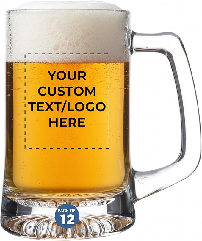 DISCOUNT PROMOS Custom ARC Glass Beer Mugs 14 oz. Set of 12, Personalized Bulk Pack - Great for Octoberfest, Pub, Restaurant - Clear