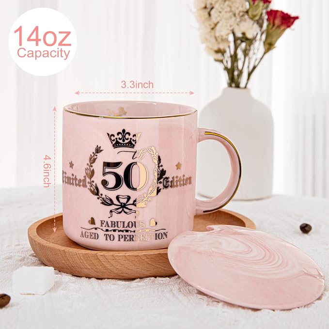 50th Birthday Gifts for Women Her,Fabulous 50 Aged to Perfection Coffee Mug | 14oz Pink Marble Gold Pattern Mug, Gifts Idea for 50 Year old Women Mom Wife Daughter Sister Friends Aunt Nice, Gift Boxed - Image 2