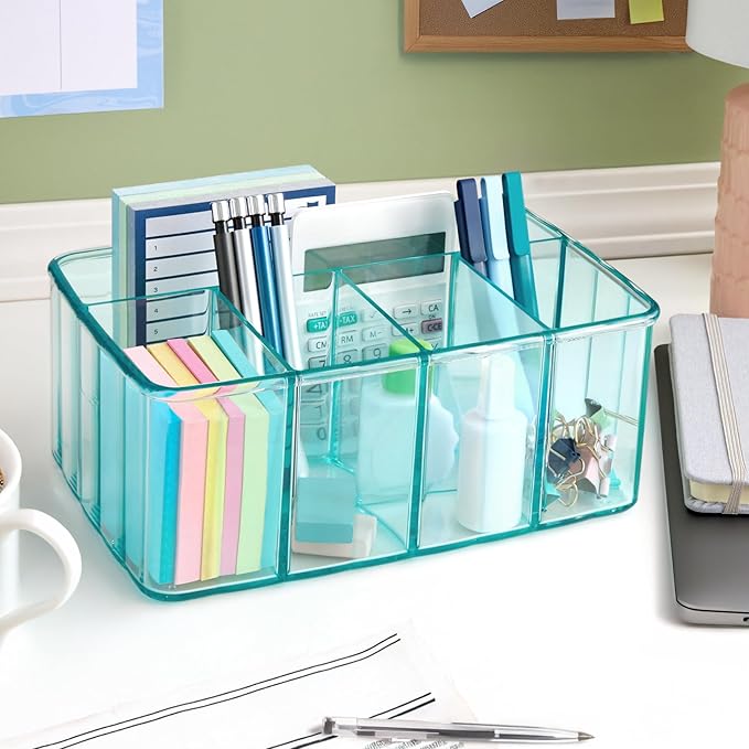 STORi 5-Compartment Plastic Organizer, Ocean Mist, Rectangular Divided Makeup and Vanity Storage Bin and Office Desk Caddy, Scalloped Wall Design, Made in USA