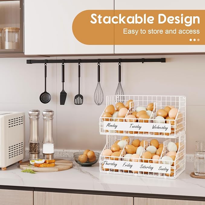 keomaisyto Fresh Egg Holder with 5 Dividers to Separate Eggs for a Week, 2 Tier Stackable Wire Baskets for Gathering Eggs, XXL Egg Rack for Countertop/Wall-Mounted, With DIY Labels, White - Image 3
