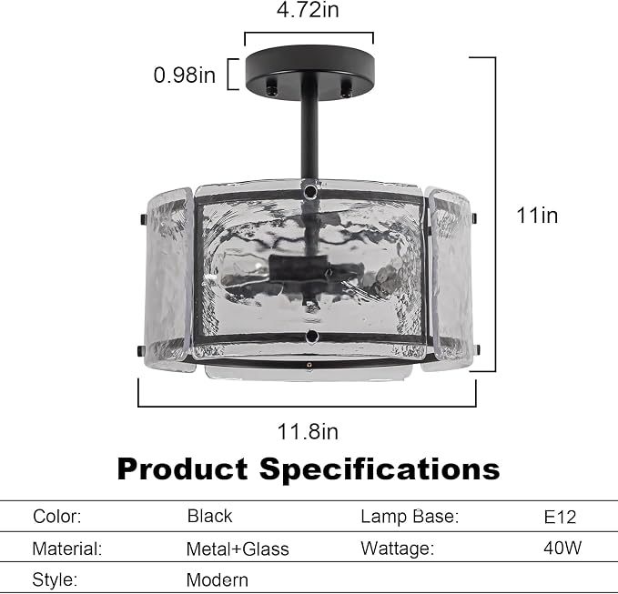 Black Semi Flush Mount Ceiling Light Fixture for Foyer,Entryway,Hallway | 11.8" Small 3 Light Drum Modern Farmhouse Glass Ceiling Light Fixtures for Kithcen,Bedroom,Dining Room,Bathroom - Image 3