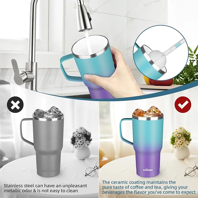 20 oz Insulated Coffee Mug with Ceramic Coating, Stainless Steel Travel Mug Tumbler with Handle Lid and Straw, Double Wall Leak-Proof Coffee Travel Mug Keeps Drink Hot and Cold (Azure Purple) - Image 5