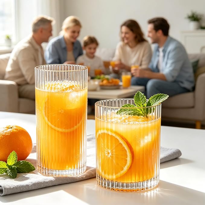 INSETLAN Set of 8 Vintage Glassware - 4 Highball Glasses 12 oz, 4 Rocks Glass Cups 14 oz, Ribbed Glassware Cocktail Glasses, Ideal for Wine, Juice, Water, Ice Coffee Cup, Whiskey, Mixed Drinkware - Image 7
