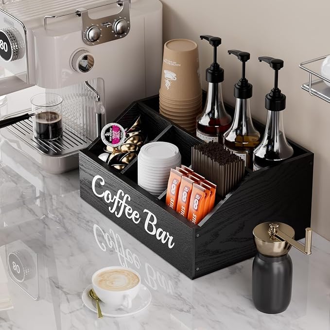 2 Pack Coffee Station Organizer for Countertop – Wooden Coffee Bar Organizer with Adjustable Dividers,Holds K Cup Pod & syrup bottles, for Kitchen, Office, or Bar and Tea Station, Black - Image 2