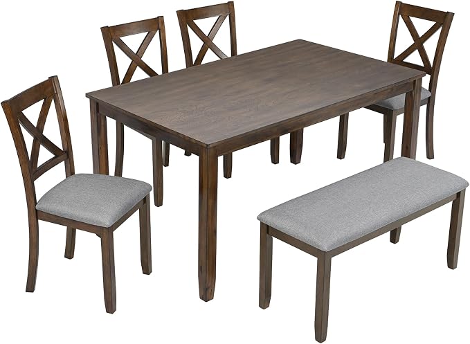 6-Piece Dining Table Set with Bench and Chairs - Solid Wood Kitchen Dining Room Table Set in Farmhouse Rustic Style, Table Set for 6 with 4 Chairs and Bench Seat.(Walnut_Large) - Image 4