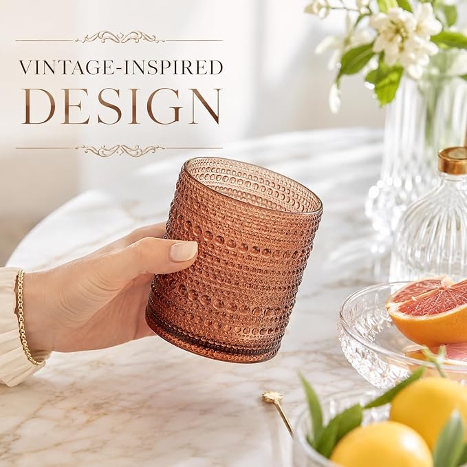 Venus Amber Brown Hobnail Highball Glasses Vintage Tumblers Set of 6 11 oz | Vintage Beaded Design, Embossed Bubble Texture, Elegant Color, Timeless Drinkware for Home Bars, Parties, and Housewarmings - Image 6