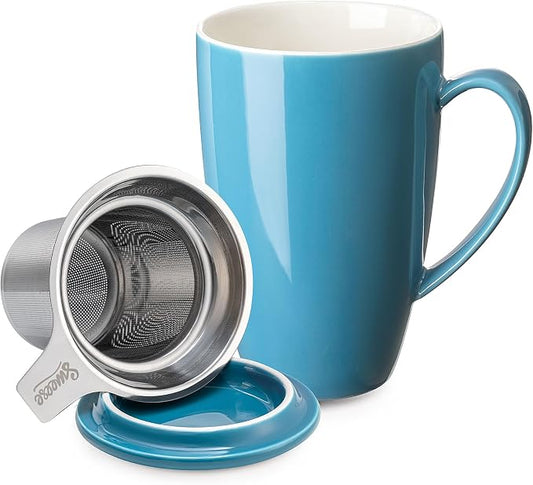 Sweese 15 OZ Porcelain Tea Mug with Infuser and Lid, Loose Leaf Tea Cup, Gifts for Tea Lover, Steel Blue by Sweese