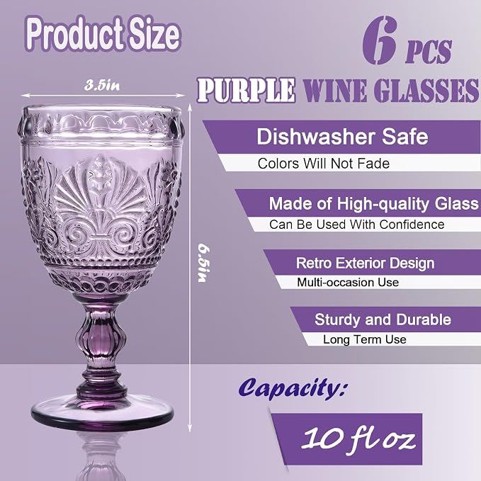 6 Pcs Purple Wine Glasses,Goblet Glasses,Vintage Glassware, Made of Sturdy and Durable Glass Can be Used for Weddings, Everyday Fun Parties and More! - Image 2
