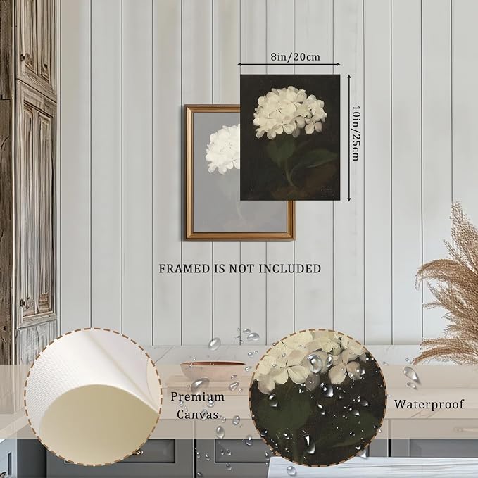 XOCUUI Unframed Vintage Wall Art for Living Room, Flowers Painting Canvas Prints Shelf Decor for Kitchen, Aesthetic Bedroom Wall Art, Christmas Gifts for Friends or Family (White Hydrangea 8"x10") - Image 3