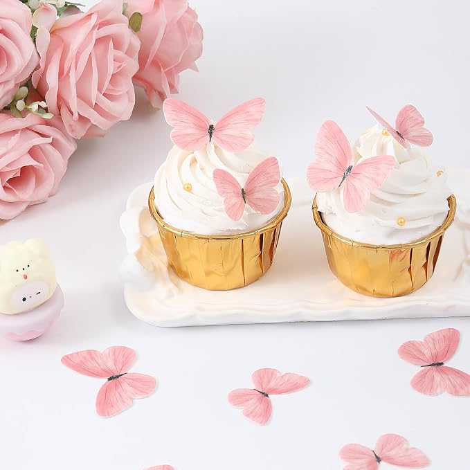 58Pcs Pink Edible Butterflies Cake Toppers Cake Cupcake Decoration | Wafer Glutinous Paper Butterfly Colorful Small Pastel Cupcake Topper Decoratings for Wedding Birthday Baby Shower(Mix Size) - Image 3