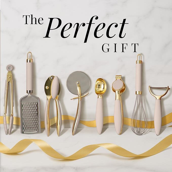 Styled Settings Beige and Gold Kitchen Utensils Set, 8-Piece | Silicone, 8 PC Cooking Gadgets with Mini Gold, Pizza Cutter, Garlic Press, Cheese Grater, Peeler - Image 6