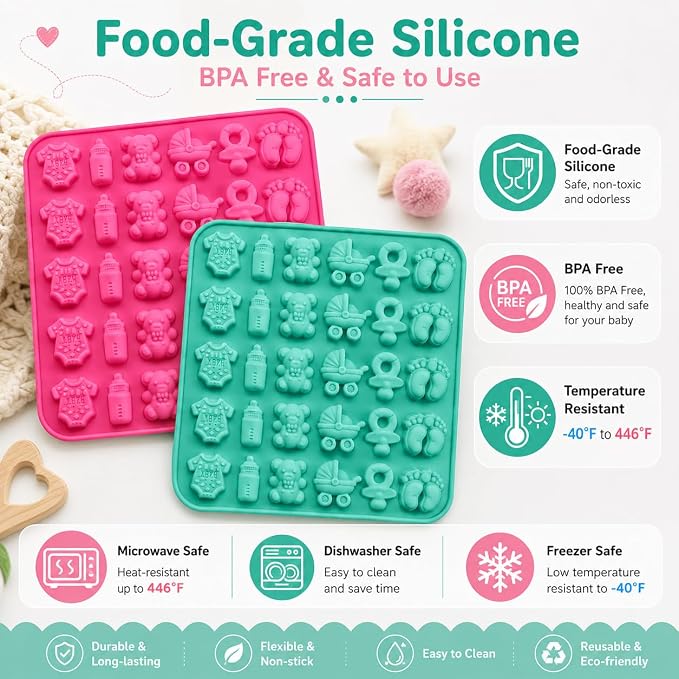 2 Pack Food Grade Silicone Chocolate Molds, Baby Onesie Foot Pacifier Cradle Bear Bottle Shapes, BPA Free Easy Demold for Candy Gummy Cake Decor Baby Shower Party - Image 5