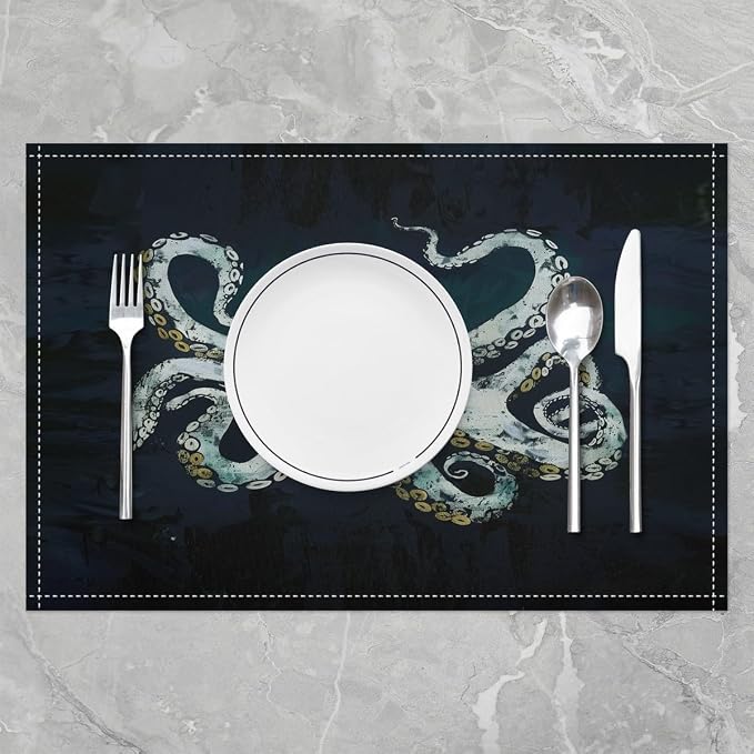 Feelyou Gray Blue Octopus Placemats Set of 4 12"x18" Tentacles Table Mats Placemat Room Decor Ocean Kraken Placemats for Dining Table Indoor Outdoor Kitchen Sealife Sea Animal Decor Table Place Mats - Image 2
