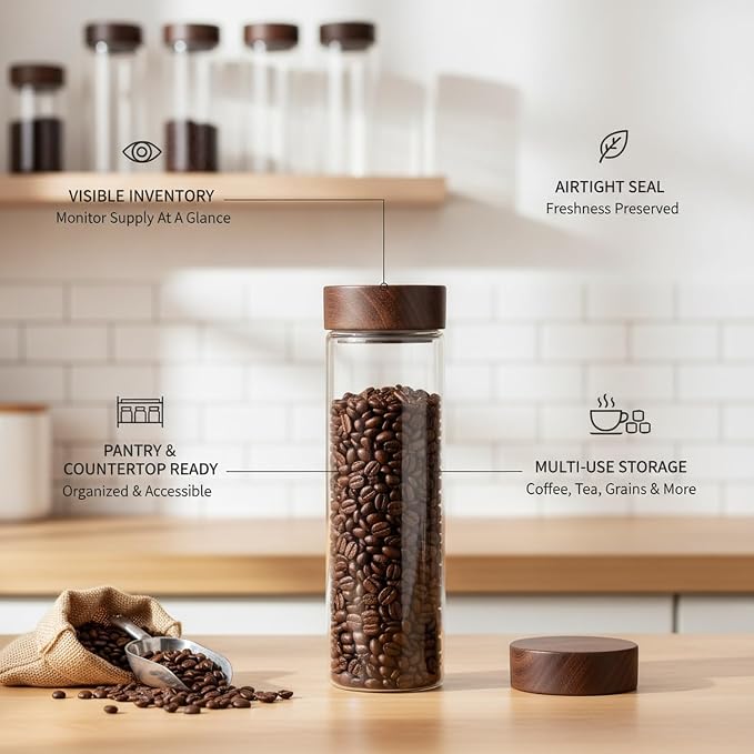 Glass Storage Jar with Acacia Wood Lid, Borosilicate Food Canister for Coffee Beans Tea Sugar Dry Pantry Staples (1 PC) - Image 4