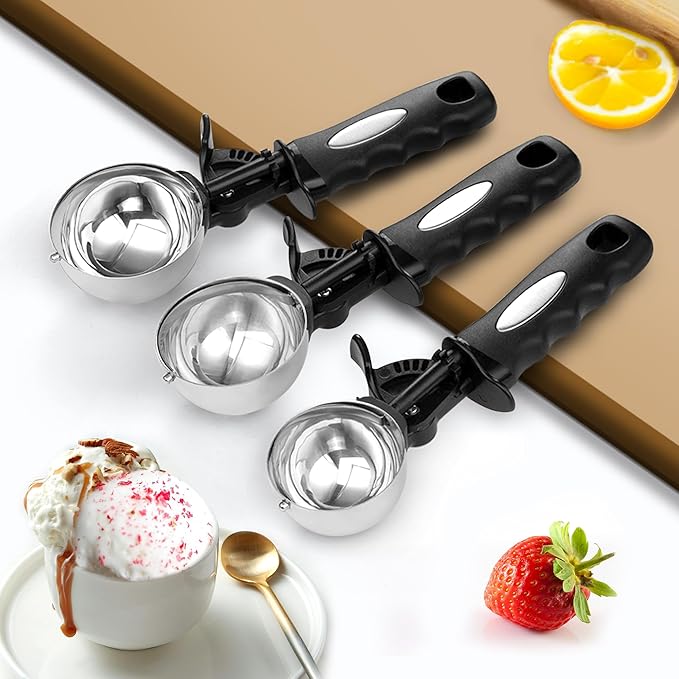 Ice Cream Scoop Set, Large Cookie Scoop Set 3 PCS for Baking, 3.25 Tbsp / 4.9 Tbsp / 6 Tbsp Sizes with Thumb Trigger, Portion Control for Cookie Dough, Ice Cream, Cupcake, Muffin, 1.63/2.45/3 OZ