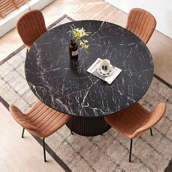 5 Piece Round Dining Table Set for 4, Mid Century Modern Faux Marble Kitchen Table and Chairs, Space-Saving Small Dinette Set (47 Inch Black Table+4 Brown Chairs) - Image 5