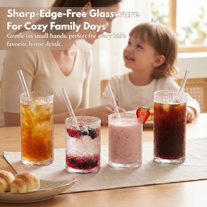 Clear Drinking Glasses Set of 8, 12 Oz Highball & 10 Oz Cocktail Glasses with Straws, Thick Glass Iced Coffee Cups, Floral Embossed Kitchen Vintage Glassware Set for Water, Beer, Juice, Whiskey - Image 2