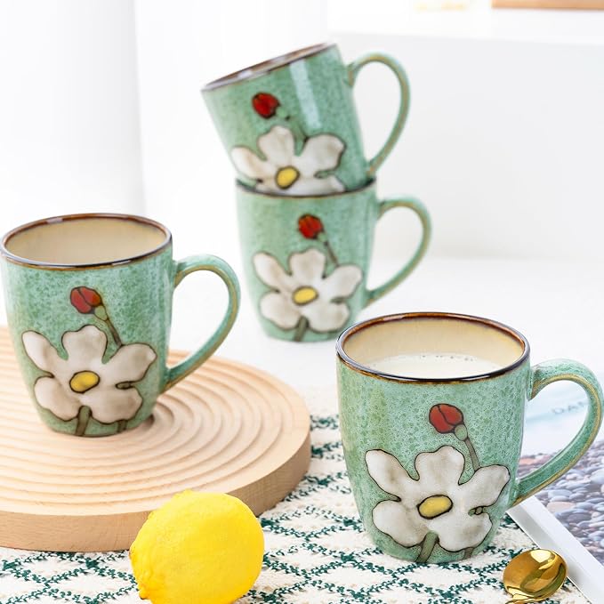 12oz Coffee Mugs Set of 4, Hand-Painted Floral Stoneware Cups with Handle, Dishwasher Microwave Oven Safe, Cappuccino Mugs for Latte, Tea, Espresso & Hot Cocoa, for Home Kitchen & Cafe, Green - Image 7