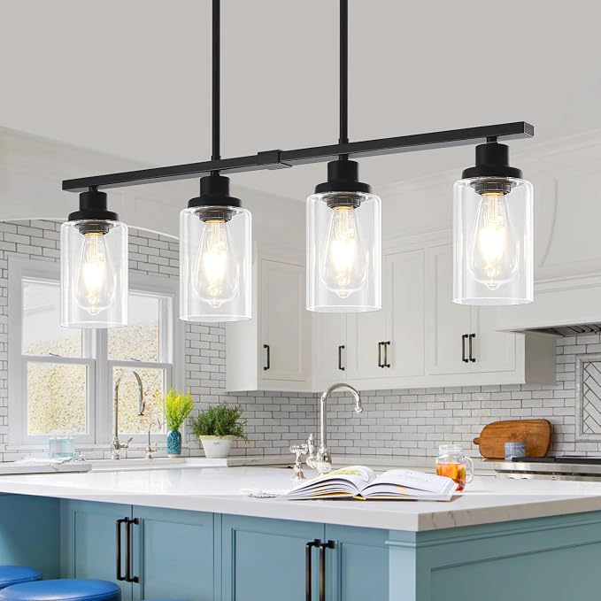Modern Island Lights for Kitchen Black Dining Room Light Fixtures | 30'' Linear Chandelier Over Table, 4-Light Farmhouse Kitchen Island Lighting Clear Glass Shades, Adjustable Height - Image 8