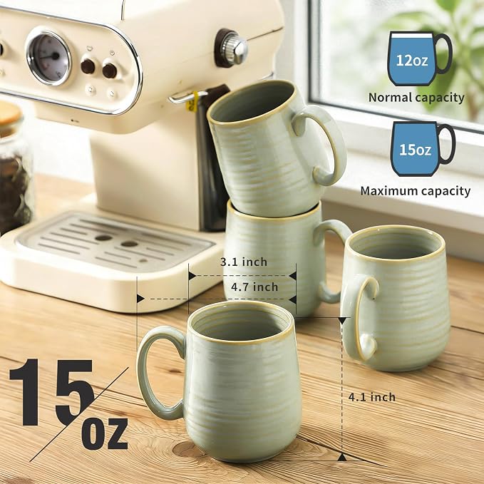 Coffee Mugs Set of 4, 15 Ounce Ceramic Coffee Cups with Handle, Large Mug Set for Latte, Tea, Chocolate, Modern Cup Gift for Men and women, Dishwasher & Microwave Safe,Sage Green - Image 2