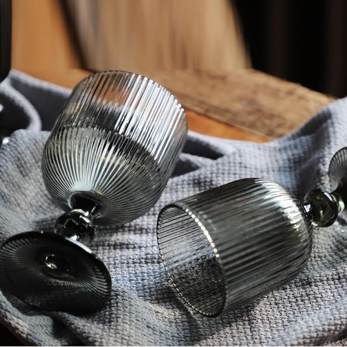 Vintage Wine Glasses Set of 6, 11 Ounces Colored Glass Water Goblets, Unique Embossed Pattern High Clear Stemmed Glassware Wedding Party Bar Glass Drinking Cups Fancy Glasses Vertical Line Grey - Image 3