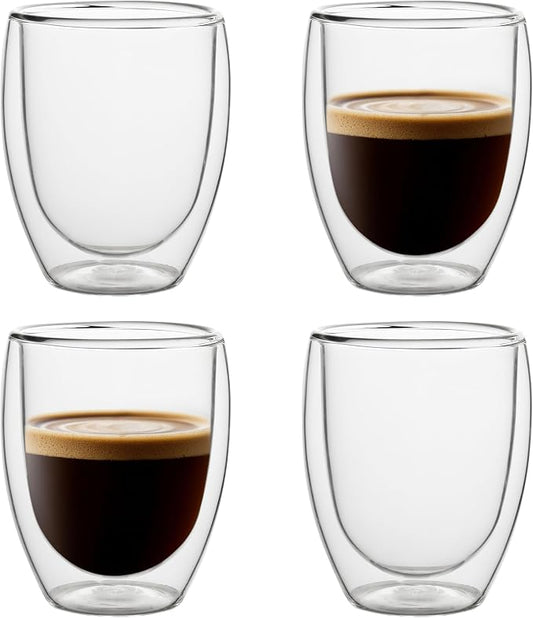 NIRA.Z 4 Pack 11.6oz/343ml Double Wall Glass Coffee Mugs, No Hole Bottom, Insulated Borosilicate Glass Coffee Cups, Clear Mugs for Hot & Cold Beverages, Perfect for Espresso, Latte, Tea, Cappuccino by NIRAZ