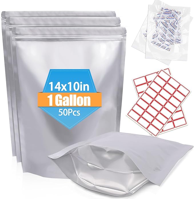 50PCS 1Gallon 10"X14" Mylar Bags for Food Storage with Oxygen Absorbers&Lables,10 Mil Thick Resealable Stand-Up Zipper&Heat Sealable Bags for Long Term Food Storage,Dried Food by NexLevVac