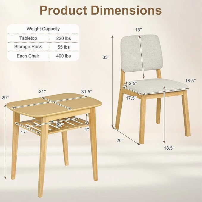 Giantex Dining Table Set for 2, Space Saving Kitchen Table and Chairs Set w/Rubber Wood Frame, Storage Rack, Padded Seats & Backrests, Dinette Set for Small Space, Apartment, Dining Room, Natural - Image 3