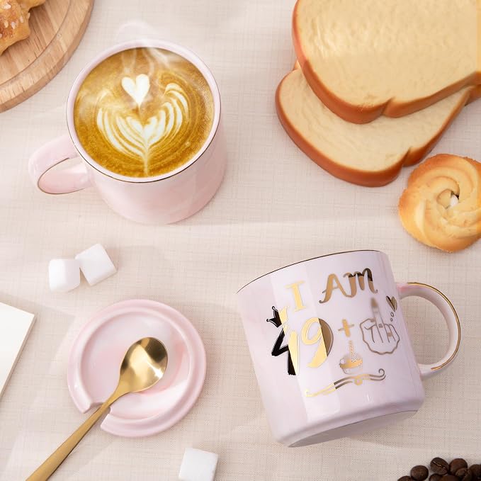 Funny 50th Birthday Gifts for Women, 14oz Pink Mug with 49+1 Hand Design | Marble Ceramic Coffee Cup with Gold Print, Elegant Turning 50 Gift for Her, with Lid, Spoon, Greeting Card, Nice Gift Box - Image 3