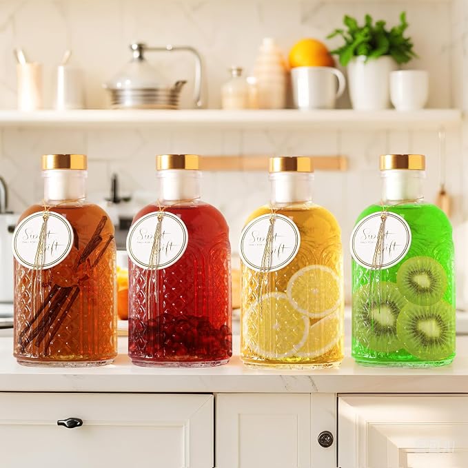 Clear Glass Bottles - 7 oz Pack of 6 Heavy Base Glass Bottles with Gift Labels and Decorations for Oil Vinegar Kombucha Wine Drinks Beer Water Soda with Gold Airtight Lid 7oz - Image 5