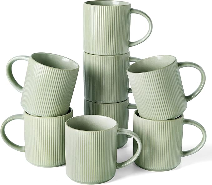 famiware Coffee Mug Set for 8, Star 16 oz Catering Mugs Cup Set with Handle for Coffee, Tea, Cocoa, Milk - Ceramic Stoneware Drinkware Set, Matte Green by Famiware