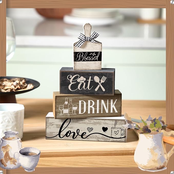 Moucuny 4 Pcs Farmhouse Kitchen Decor Wooden Plate Farmhouse Table Decor Black Brown and White Plate Tableware Centerpiece Rustic Decorative Plates Block Sign for Display Cabinet Kitchen Decoration - Image 2