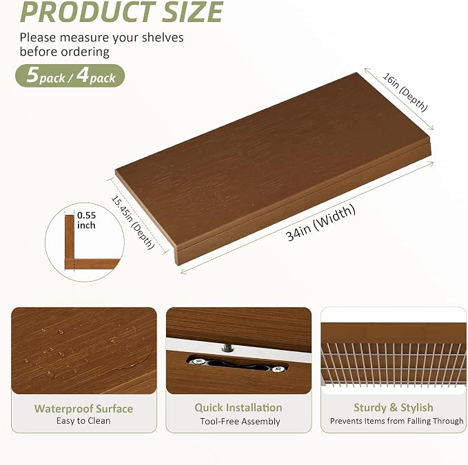 Wire Shelf Covers, Bamboo Wire Rack Covers for Pantry, Closet，Kitchen (5pcs, 34" W x 16" D, Walnut) - Image 2