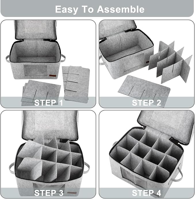 Foyego Wine Glass Storage Box with 24 Dividers, Light Gray, 2 Pack | Visible Window, Soft Handles, for Packing and Moving, Stackable Storage Containers for Stemware, Glassware, Crystal Glasses - Image 3