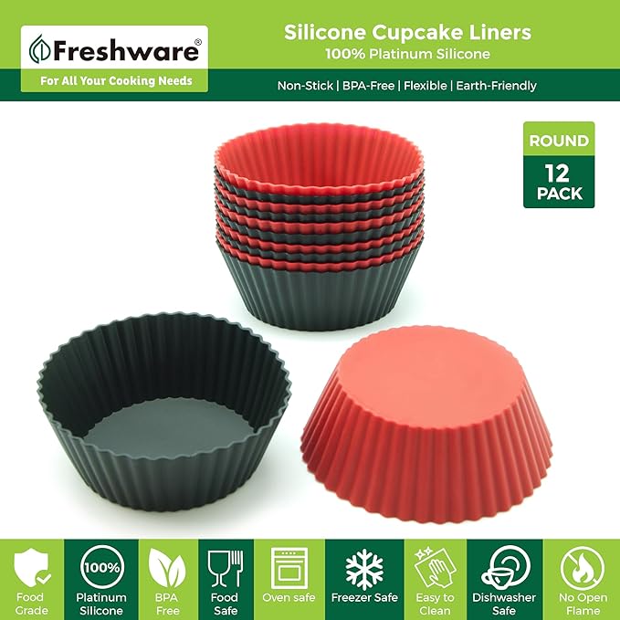 Freshware Cupcake Liners - Pack of 12 Silicone Muffin Cups, 2.8 Inch Baking Cups, Reusable & Non-stick for Party, Halloween, Christmas, Round