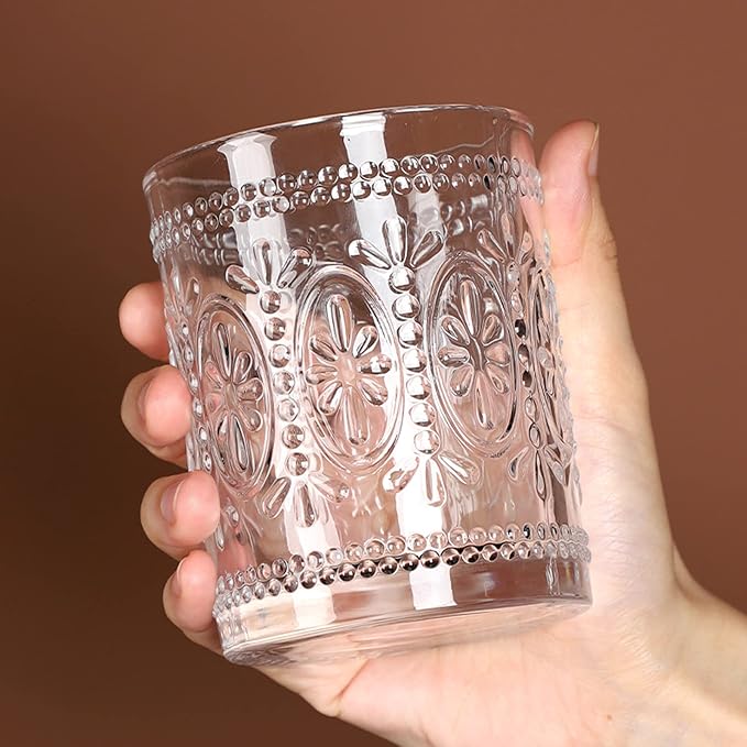 Bekith 6 Pack Drinking Glasses, 9.5 oz Romantic Water Glasses, Clear Embossed Glass Cups Vintage Glassware Set for Whisky, Juice, Beverages, Beer, Cocktail - Image 5