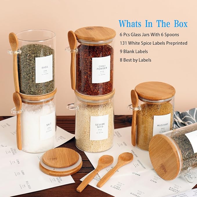 HHMJSM 6 Pcs Glass Jar with Bamboo Lid and Spoon - 17 oz Large Sugar Container with 148 Kitchen Pantry Spice Jar Labels Preprinted - Glass Containers with Wooden Lids Hold Coffee, Tea, Candy - Image 2