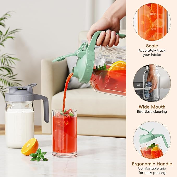Glass Mason Jar Pitcher, 64 oz Wide Mouth Jug with Pour Spout Handle Lid for Cold Brew Coffee, Ice Beverage, Iced Juice, Lemonade, Sun Tea, Fruit Drinks Container（Orange）