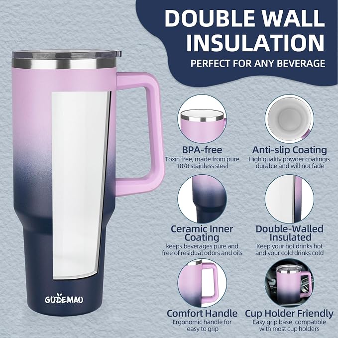40 oz Insulated Coffee Mug with Ceramic Coating, Stainless Steel Travel Mug Tumbler with Handle Lid and Straw, Double Wall Leak-Proof Coffee Travel Mug Keeps Drink Hot and Cold (Purple Navy) - Image 3