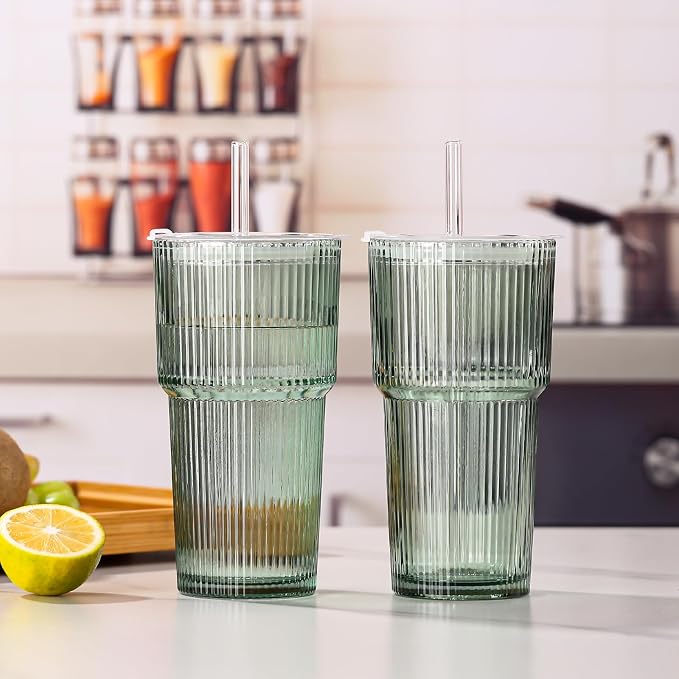4PCS Green Ribbed Glass Cups with Lids and Straws, 20oz Vintage Drinking Glasses, Aesthetic Iced Coffee Cups, Glass Tumbler for Boba, Beer, Tea, Cocktails, Green Ribbed Glassware Set - Image 7
