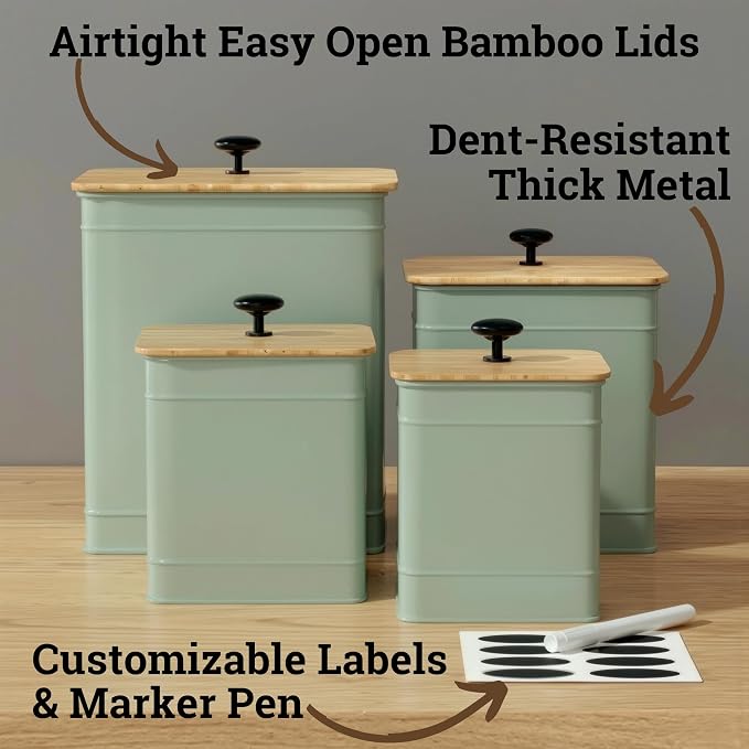 Kitchen Canisters for Countertop Set of 4 w/ Chalkboard Labels & Marker Pen | Airtight Easy Open Bamboo Lids, Dent-Resistant Thick Metal, Customizable Chalkboard Labels, Marker Pen Included, Set of 4 - Image 2