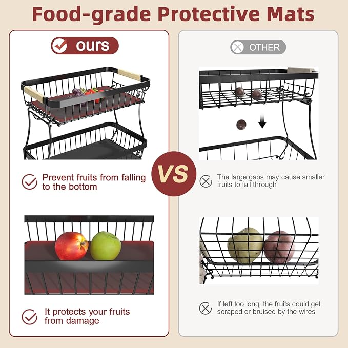 3-Tier Fruit Basket with Banana Hangers, Detachable Metal Bowl | Wooden handle, protective mats included. Versatile holder for bread, snacks, and veggies. Large 3 tier metal design. - Image 6