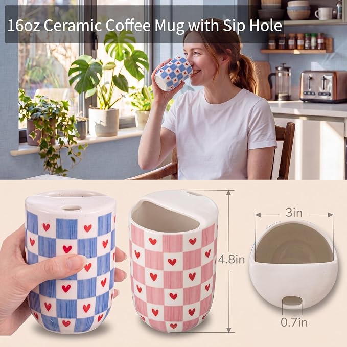Hushee 2 Pack 16 oz Ceramic Coffee Mugs with Sip Hole, Retro Hand-painted Ceramic Travel Mug, Cute Blue Pink White Hearts Plaid Design, Microwave & Dishwasher Safe, Ideal Gifts for Coffee Lovers - Image 2