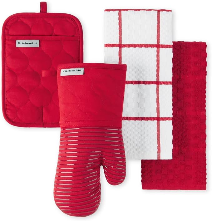 KITCHENAID Quilted Cotton Terry Cloth Oven Mitt, Pot Holder, Kitchen Towel 4-Pack Set, Heat Resistant, Silicone Grip, Gift Set, Passion Red, 16"x26", 7"x13" & 7"x10" by KitchenAid