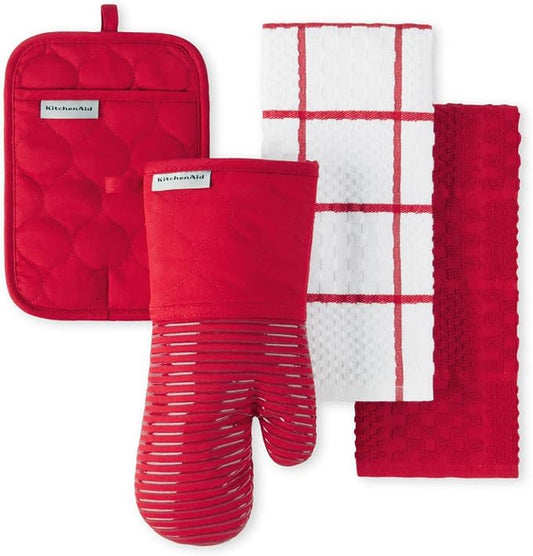 KITCHENAID Quilted Cotton Terry Cloth Oven Mitt, Pot Holder, Kitchen Towel 4-Pack Set, Heat Resistant, Silicone Grip, Gift Set, Passion Red, 16"x26", 7"x13" & 7"x10" by KitchenAid