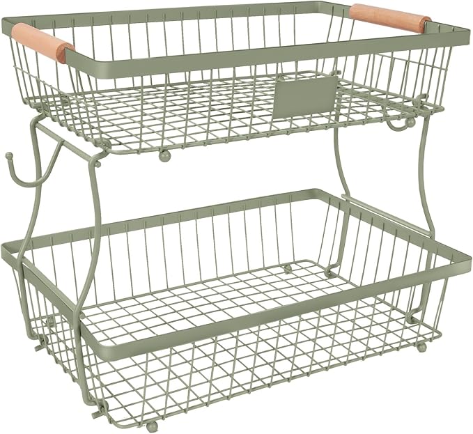 Fruit Basket Bowl 2 Tier Detachable with 2 Banana Hangers, Fruit Stand Holder for Kitchen Countertop, Metal Wire Vegetable Storage Organizer, for Bread Snack Veggies Produce,green by Lawhood-Mijin