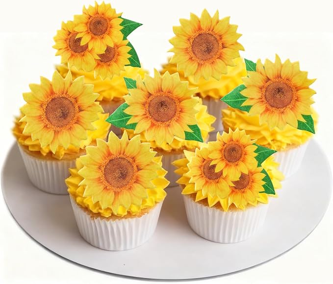 50PCS Edible Sunflower-Shaped Cake Decorations, With Green Leaves and Flowers, Suitable for Sunflower Bohemian Spring and Summer Themes, Birthdays, Weddings, and Christmas Parties (50 Flowers) - Image 3